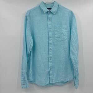 Visitor Shirt Men Medium Blue Aqua Washable Linen Button Up Long Sleeve Preppy